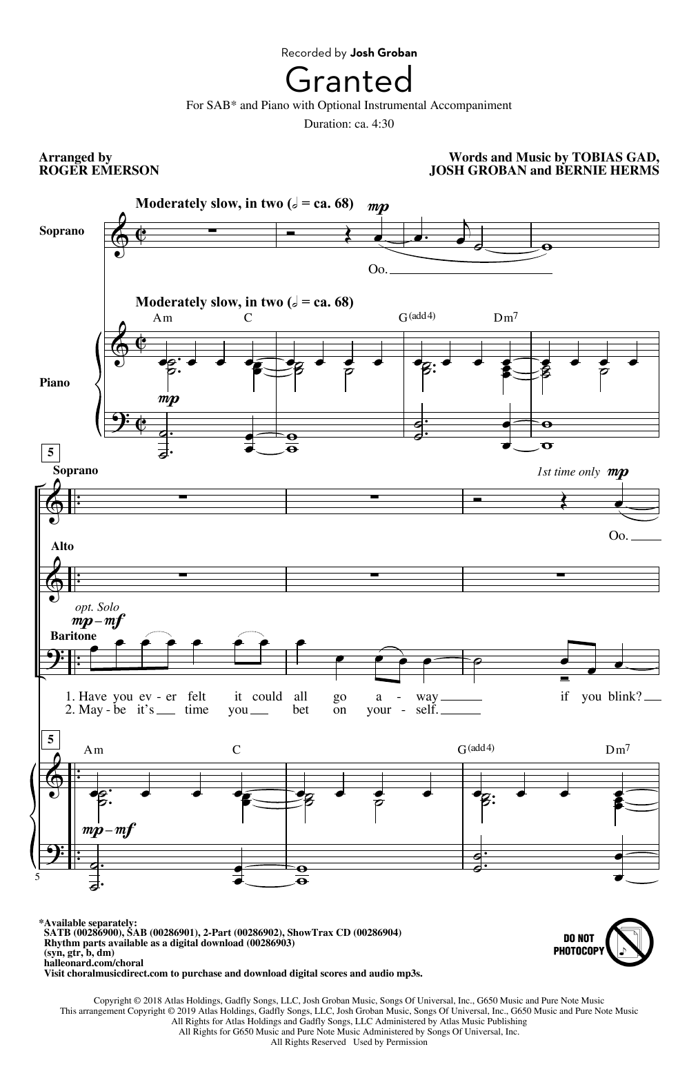 Josh Groban Granted (arr. Roger Emerson) sheet music notes and chords arranged for SAB Choir
