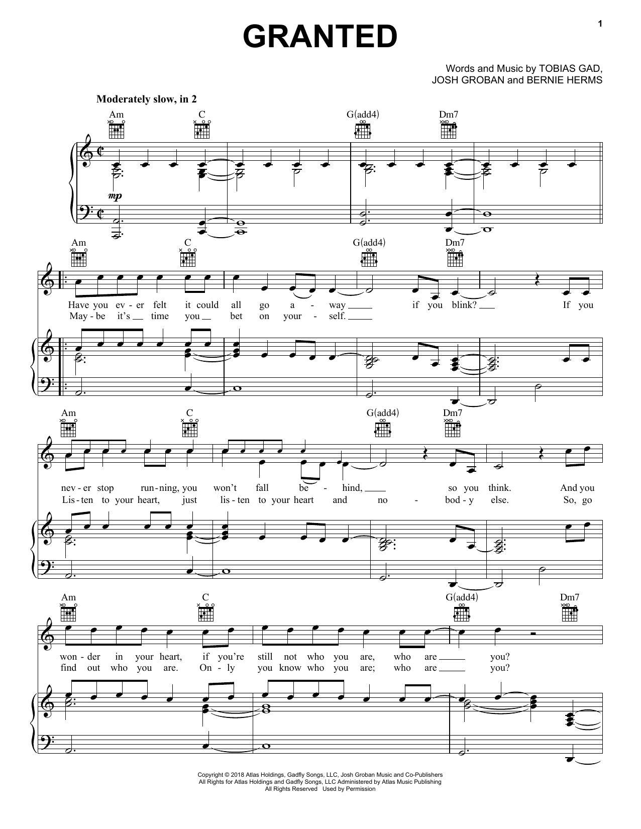 Josh Groban Granted sheet music notes and chords arranged for Piano, Vocal & Guitar Chords (Right-Hand Melody)