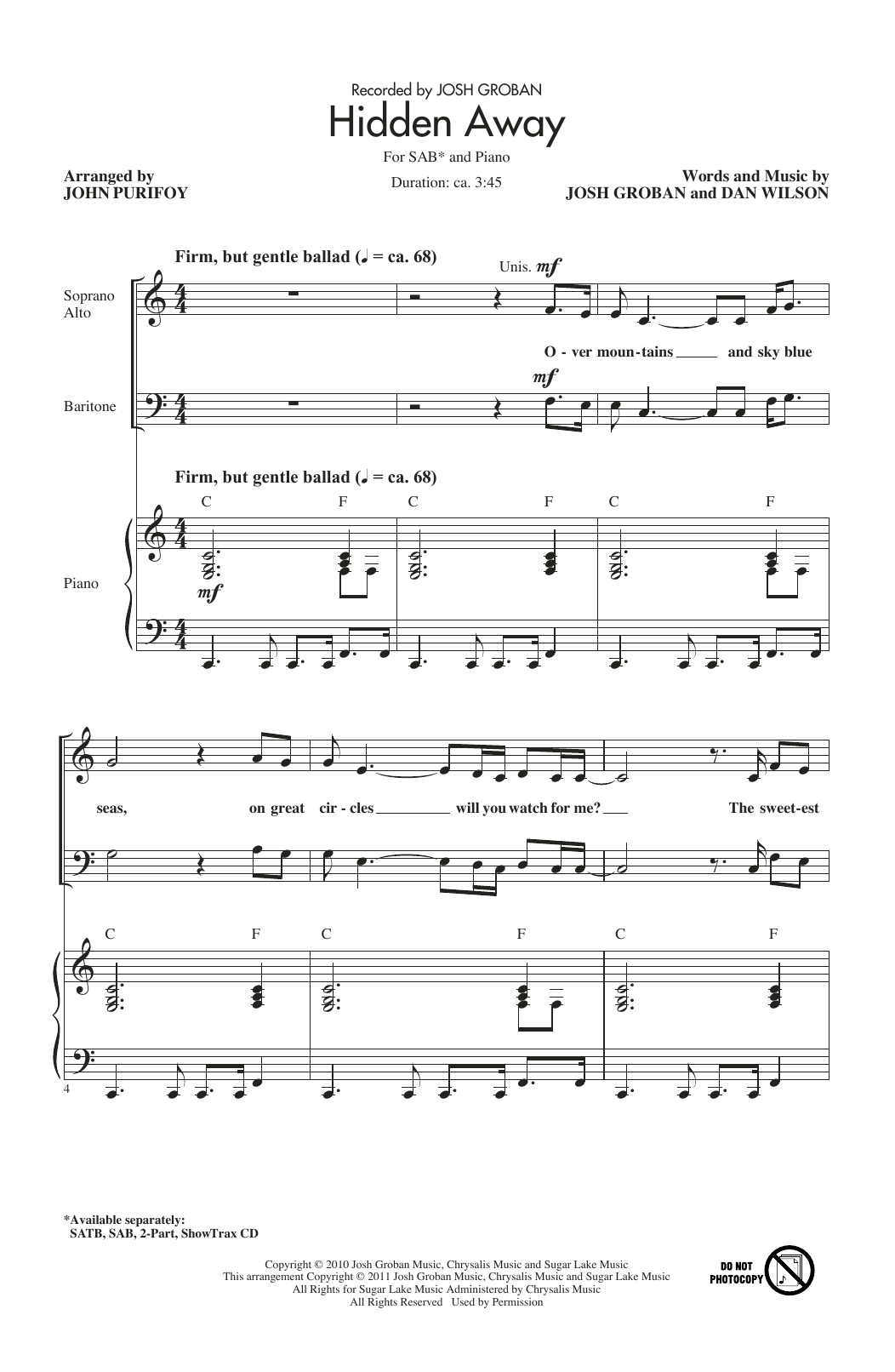 Josh Groban Hidden Away (arr. John Purifoy) sheet music notes and chords arranged for SATB Choir