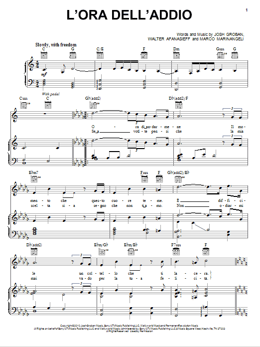 Josh Groban L'Ora Dell'Addio sheet music notes and chords arranged for Easy Piano