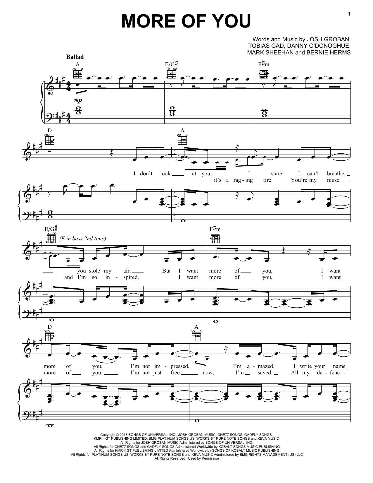 Josh Groban More Of You sheet music notes and chords arranged for Piano, Vocal & Guitar Chords (Right-Hand Melody)