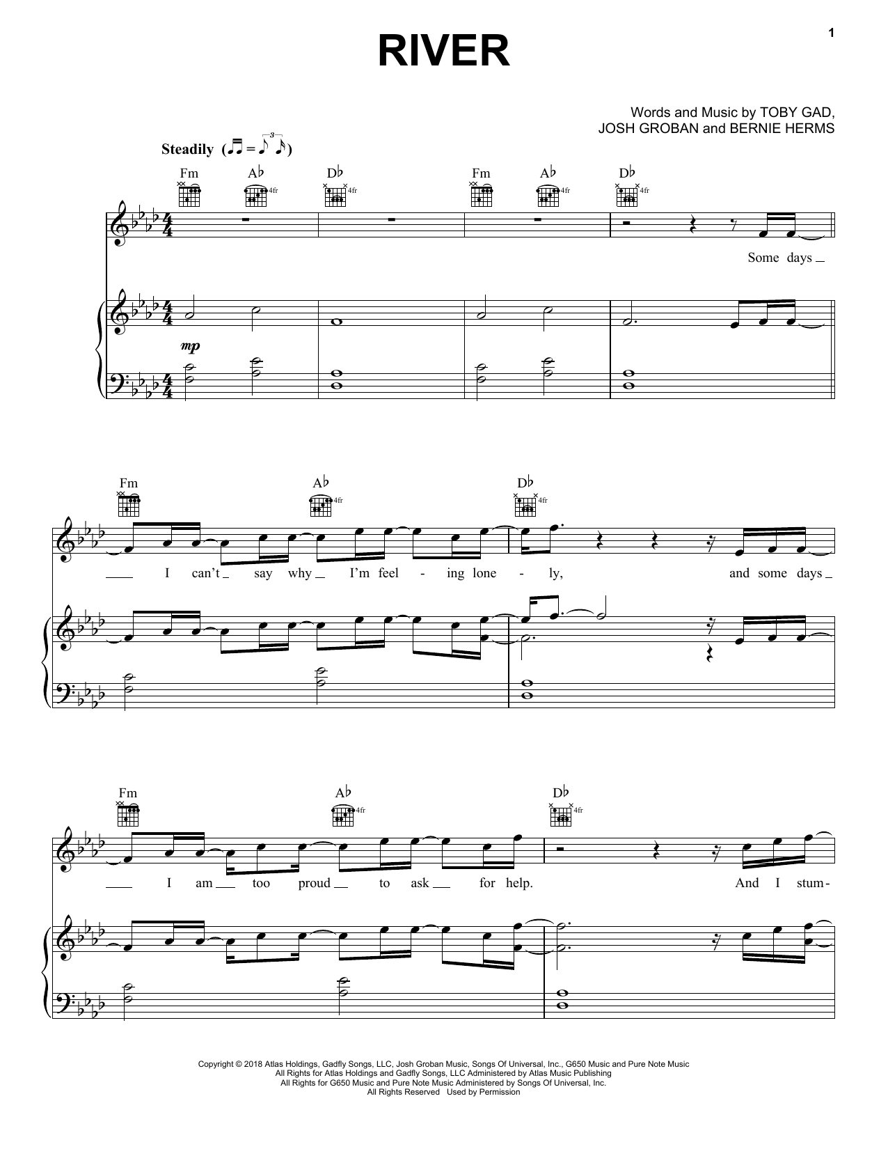Josh Groban River sheet music notes and chords arranged for Piano, Vocal & Guitar Chords (Right-Hand Melody)