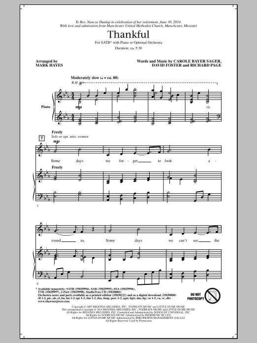 Josh Groban Thankful (arr. Mark Hayes) sheet music notes and chords arranged for SATB Choir