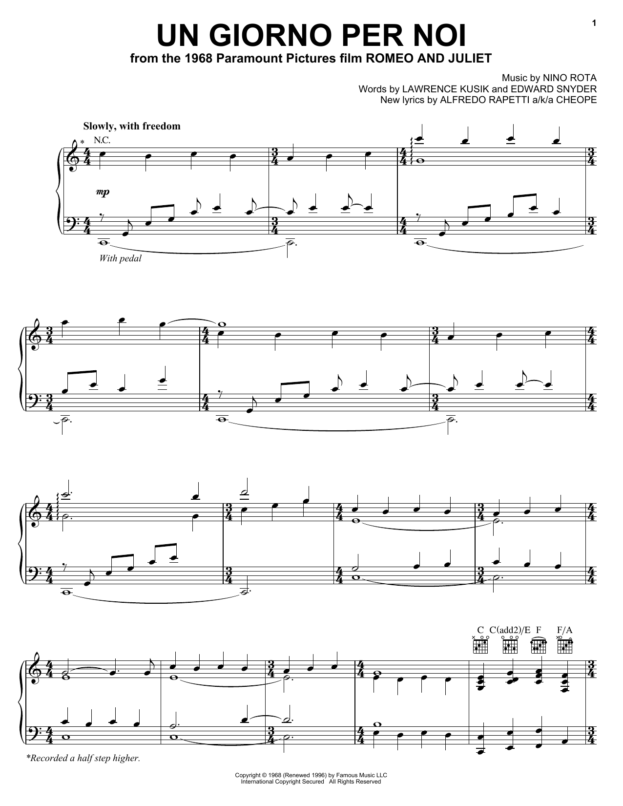 Josh Groban Un Giorno Per Noi sheet music notes and chords arranged for Piano, Vocal & Guitar Chords (Right-Hand Melody)