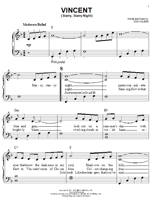 Josh Groban Vincent (Starry Starry Night) sheet music notes and chords arranged for Easy Piano