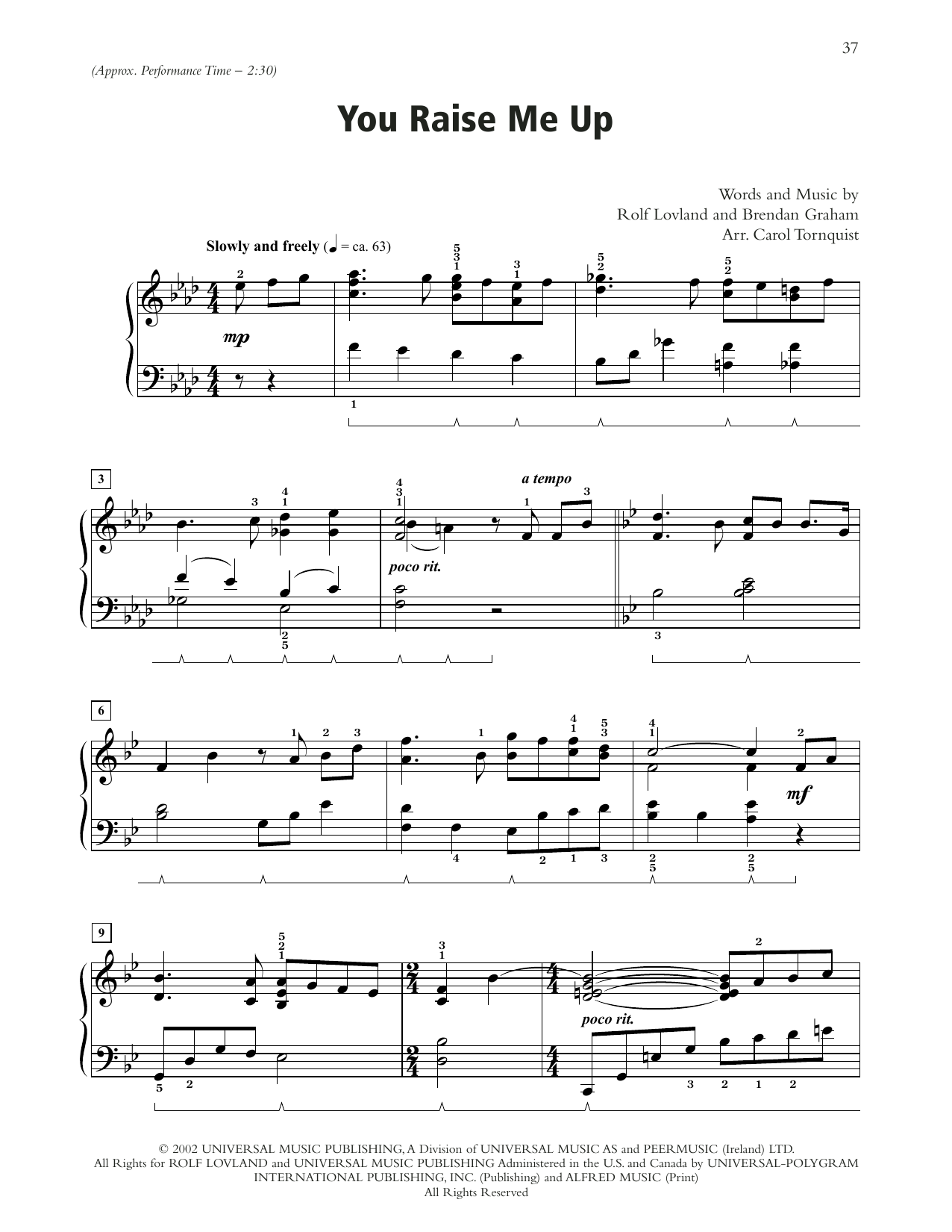 Josh Groban You Raise Me Up sheet music notes and chords arranged for Piano Solo