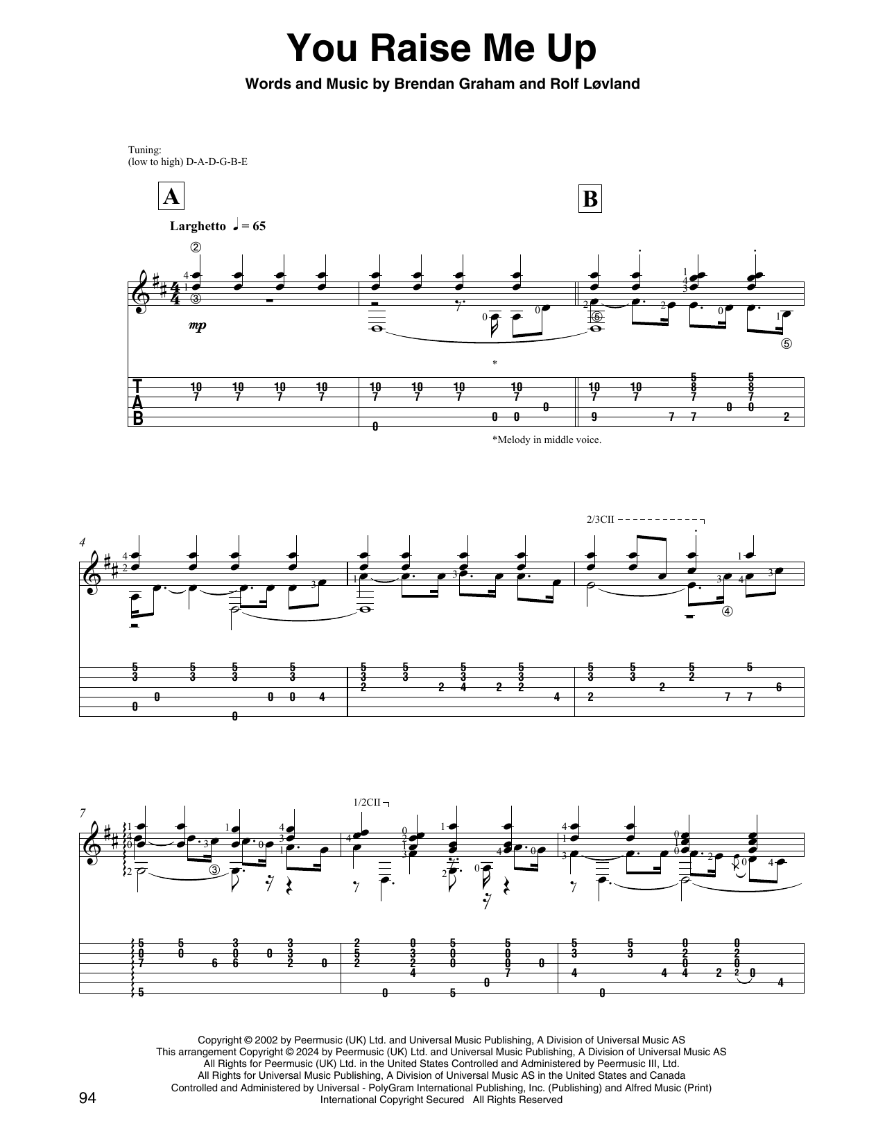 Josh Groban You Raise Me Up (arr. David Jaggs) sheet music notes and chords arranged for Solo Guitar