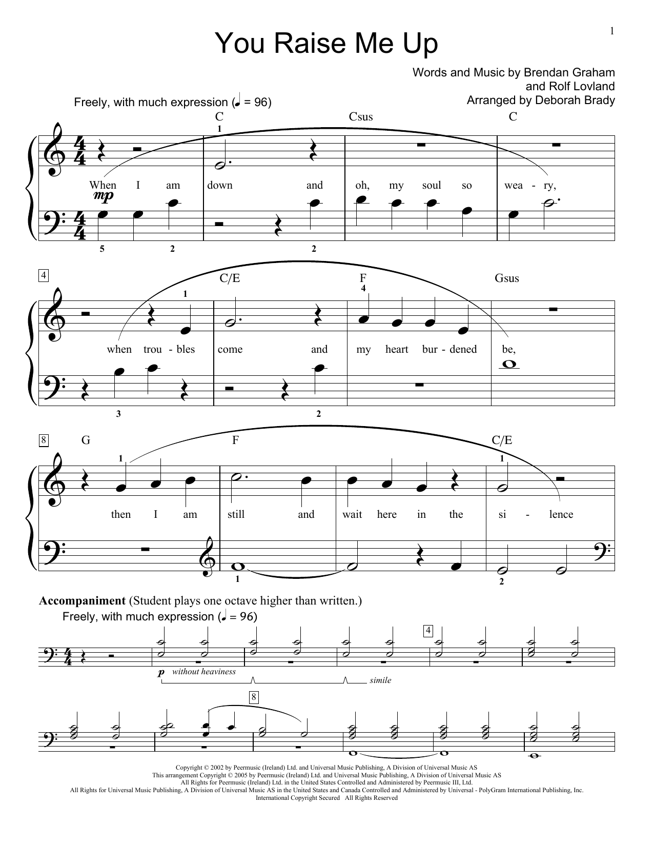Josh Groban You Raise Me Up (arr. Deborah Brady) sheet music notes and chords arranged for Educational Piano