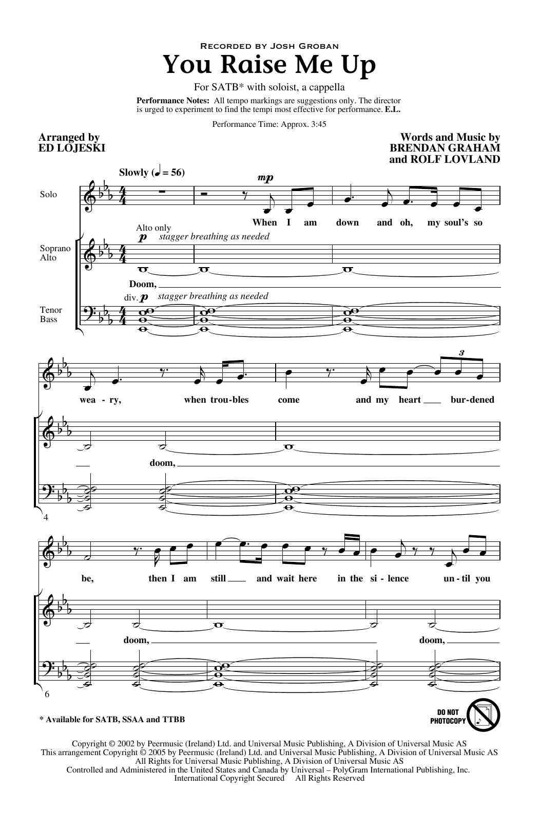 Josh Groban You Raise Me Up (arr. Ed Lojeski) sheet music notes and chords arranged for TTBB Choir