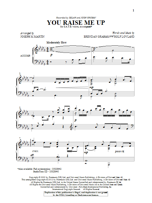 Josh Groban You Raise Me Up (arr. Joseph M. Martin) sheet music notes and chords arranged for SATB Choir