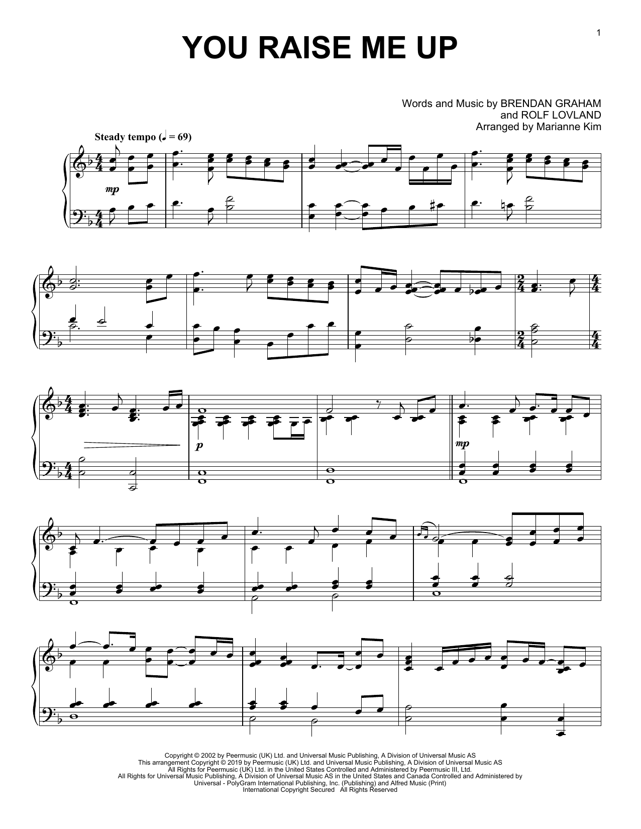 Josh Groban You Raise Me Up (arr. Marianne Kim) sheet music notes and chords arranged for Piano Solo