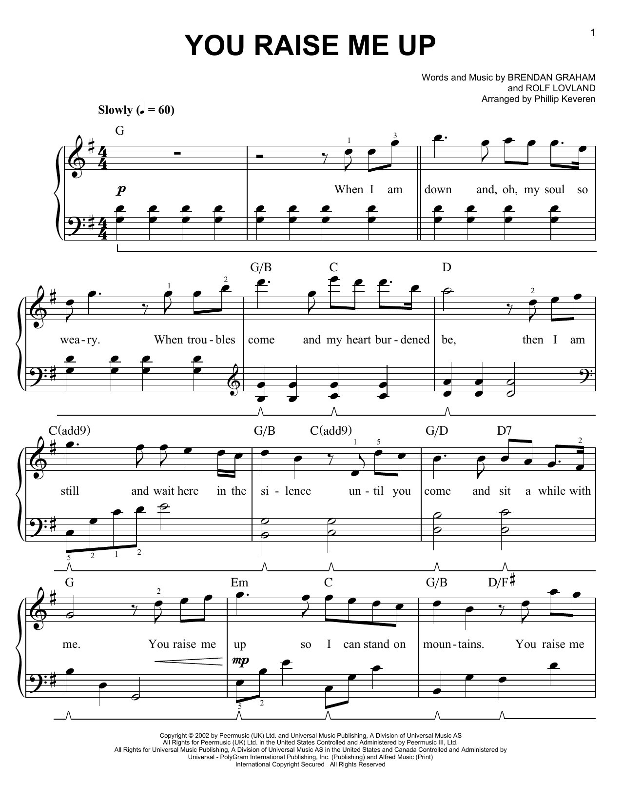 Josh Groban You Raise Me Up (arr. Phillip Keveren) sheet music notes and chords arranged for Easy Piano