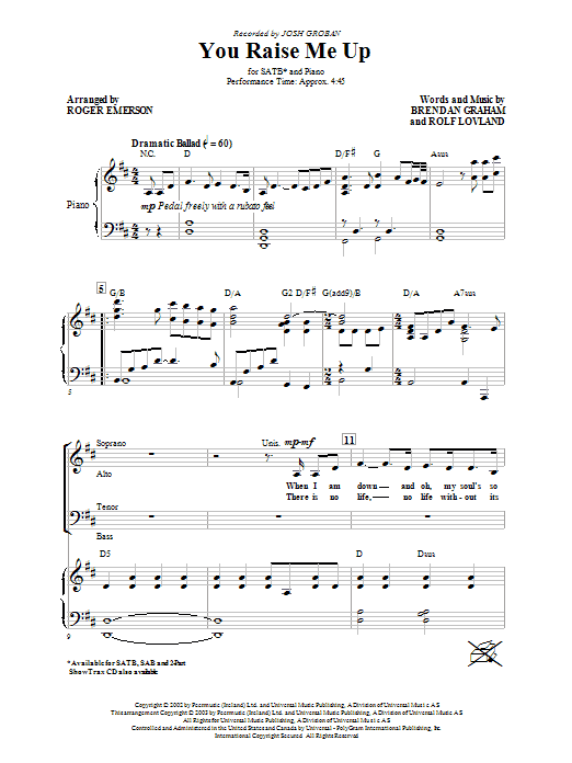 Josh Groban You Raise Me Up (arr. Roger Emerson) sheet music notes and chords arranged for SAB Choir