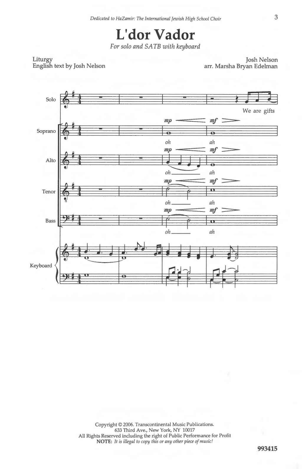 Josh Nelson L'dor Vador sheet music notes and chords arranged for SATB Choir