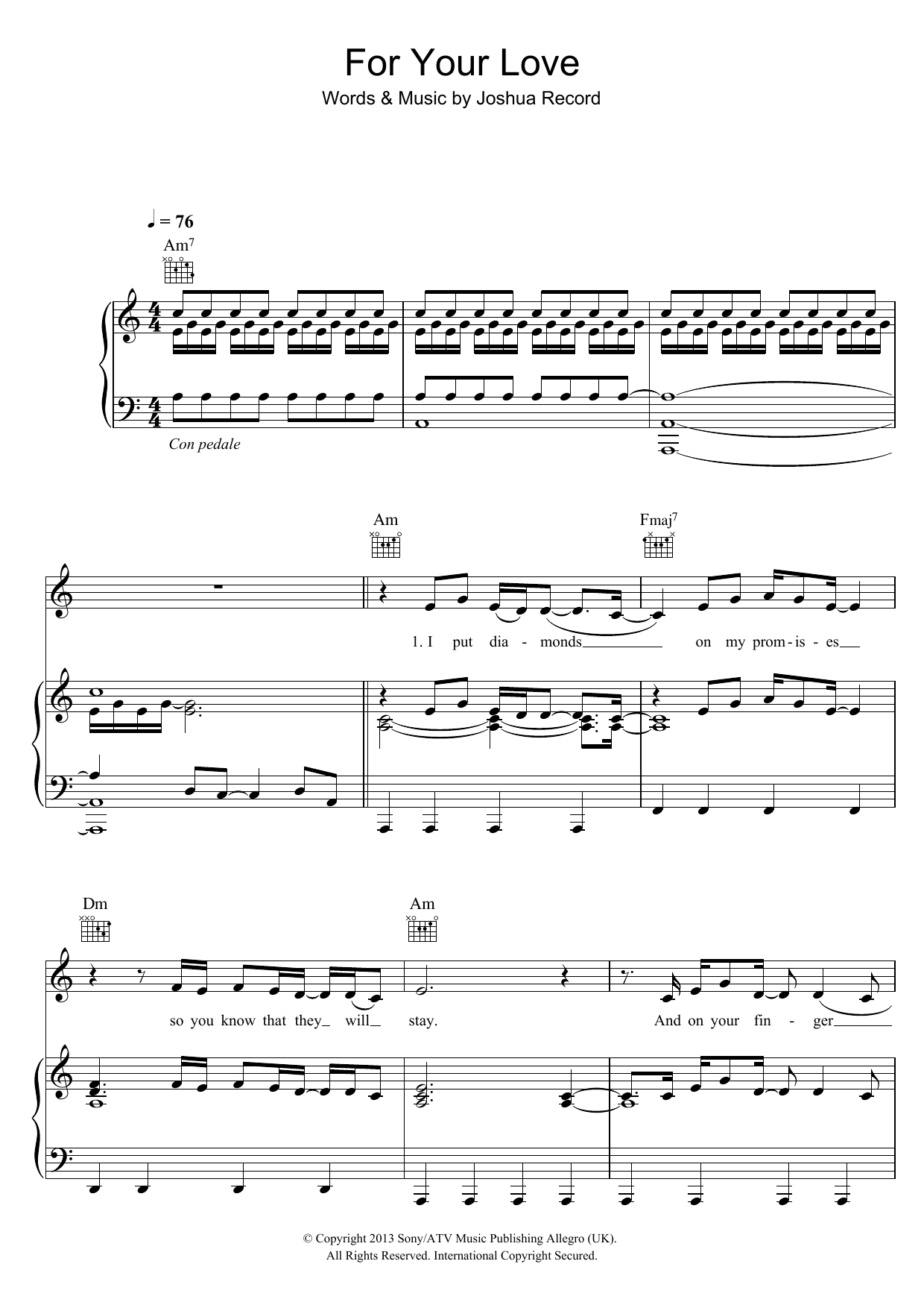 Josh Record For Your Love sheet music notes and chords arranged for Piano, Vocal & Guitar Chords