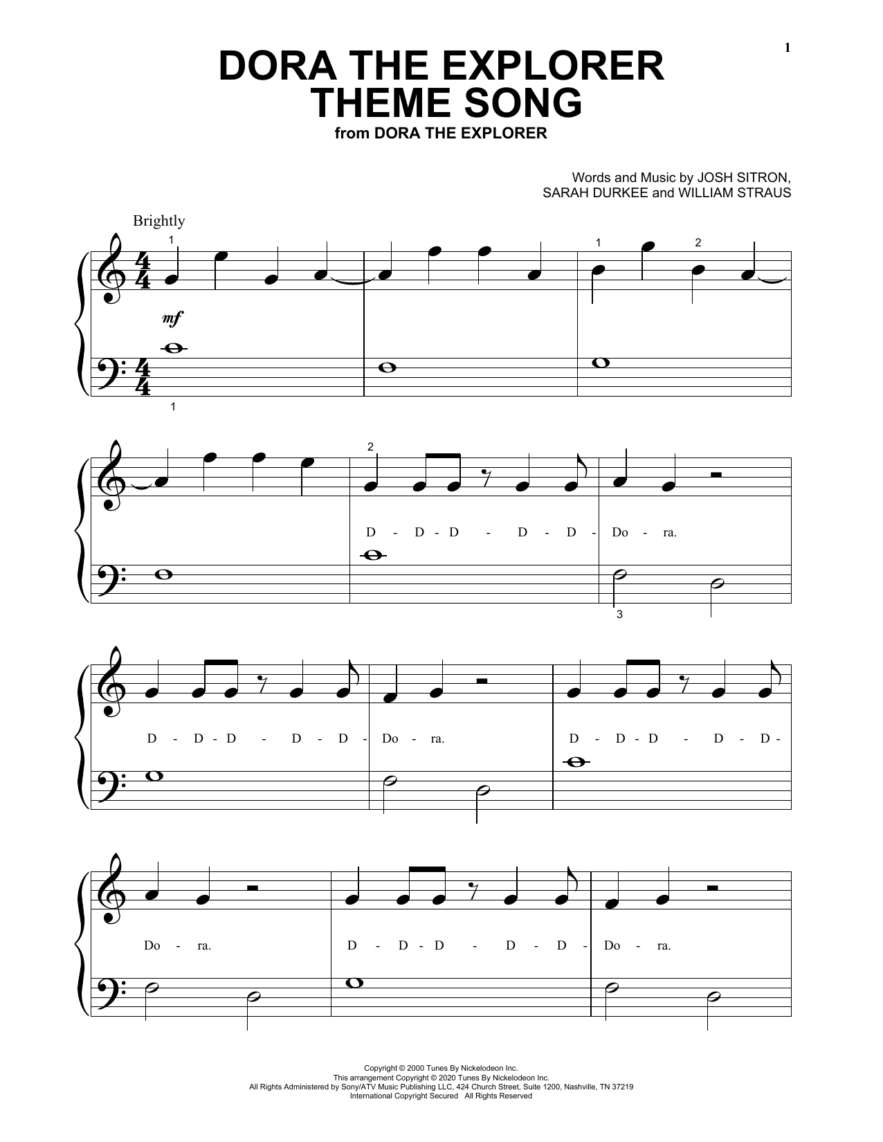 Josh Sitron, Sarah Durkee and William Straus Dora The Explorer Theme Song sheet music notes and chords arranged for Beginning Piano Solo