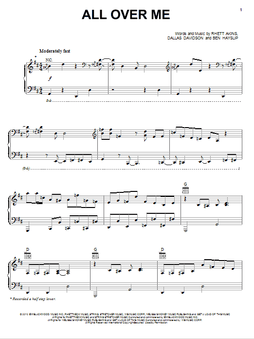 Josh Turner All Over Me sheet music notes and chords arranged for Piano, Vocal & Guitar Chords (Right-Hand Melody)
