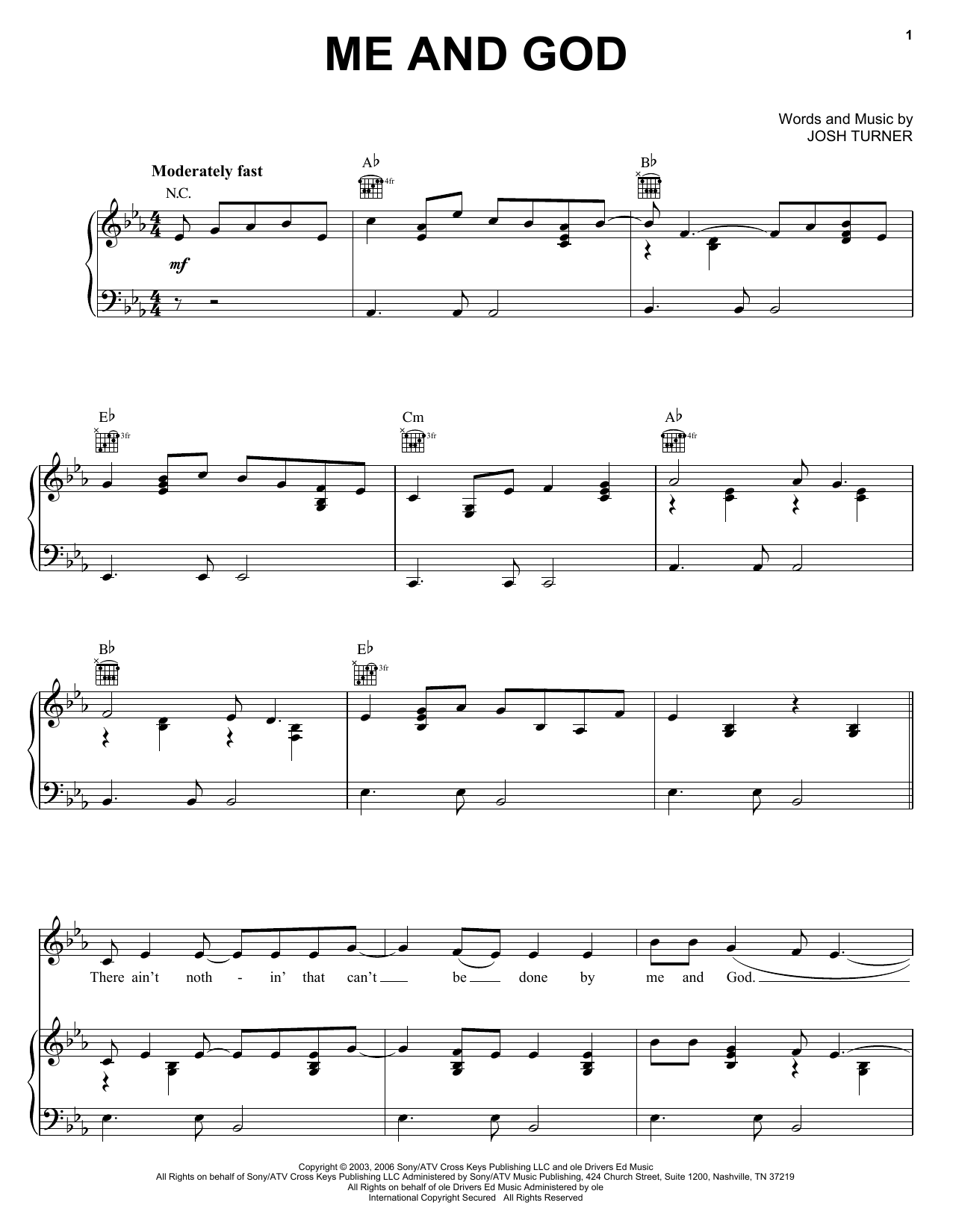 Josh Turner Me And God sheet music notes and chords arranged for Piano, Vocal & Guitar Chords (Right-Hand Melody)