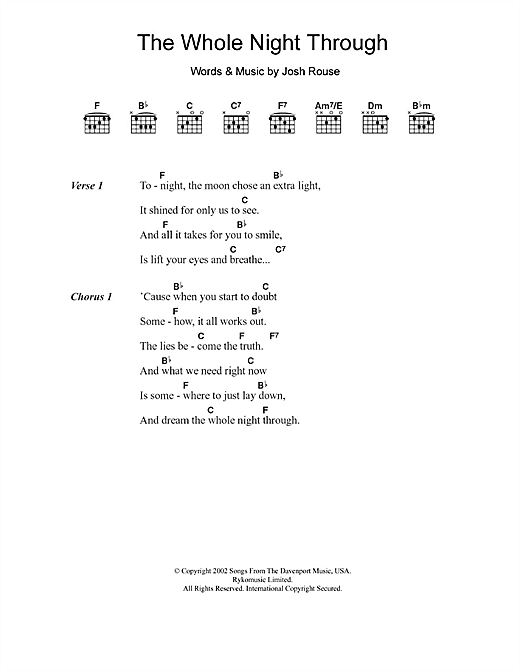 Josh Rouse The Whole Night Through sheet music notes and chords arranged for Guitar Chords/Lyrics