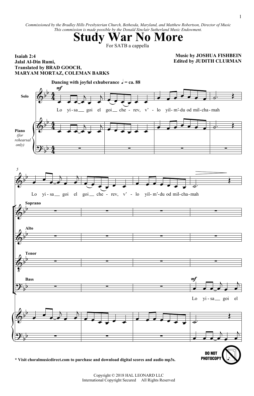 Joshua Fishbein Study War No More sheet music notes and chords arranged for SATB Choir