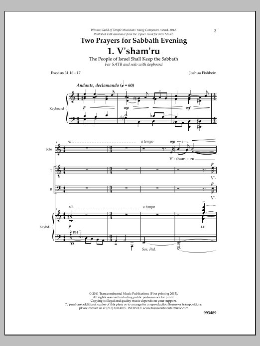 Joshua Fishbein Two Prayers for Sabbath Evening sheet music notes and chords arranged for SATB Choir