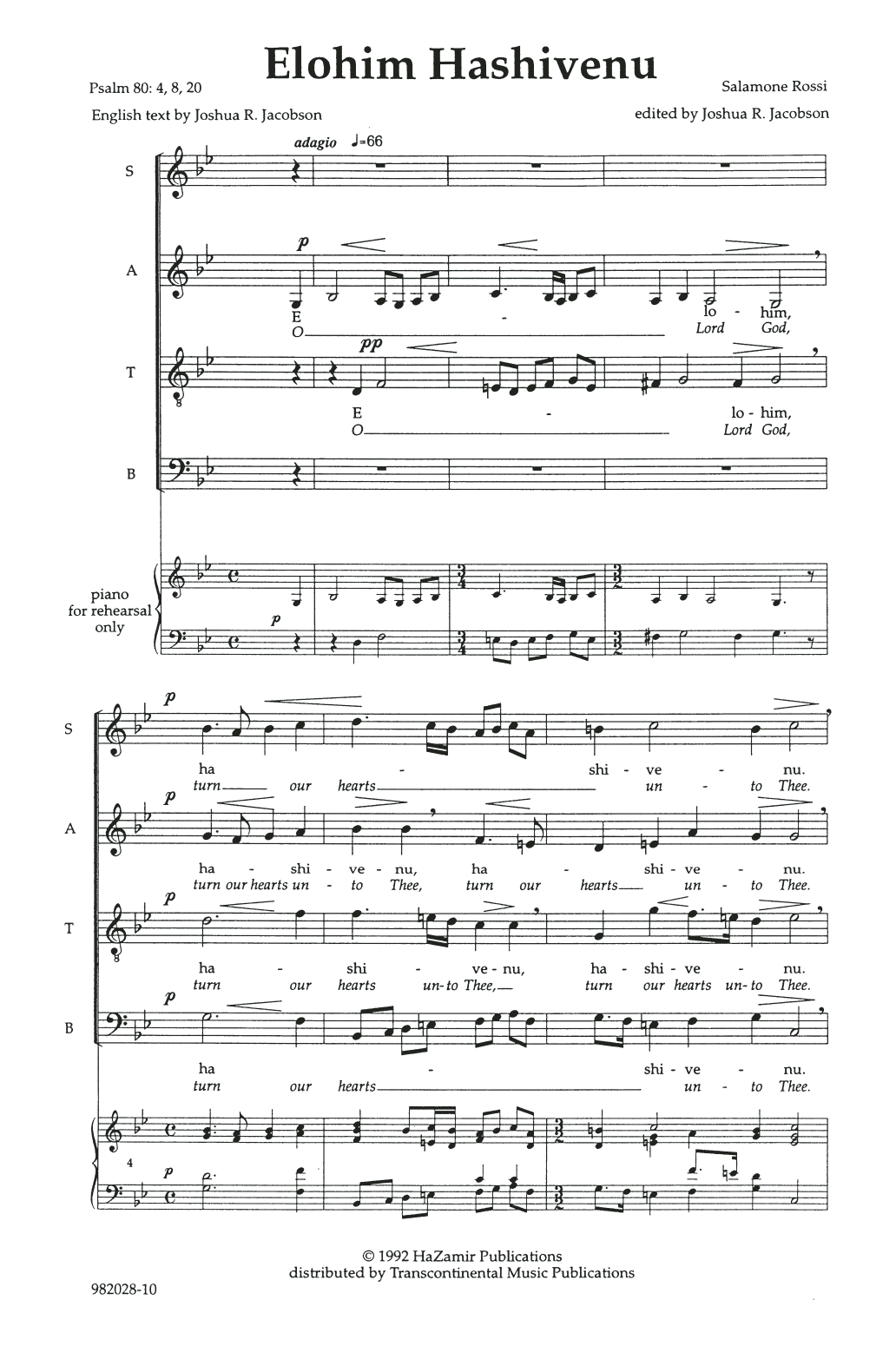 Joshua Jacobson Elohim Hashiveinu (O Lord, Turn Our Hearts) sheet music notes and chords arranged for SATB Choir