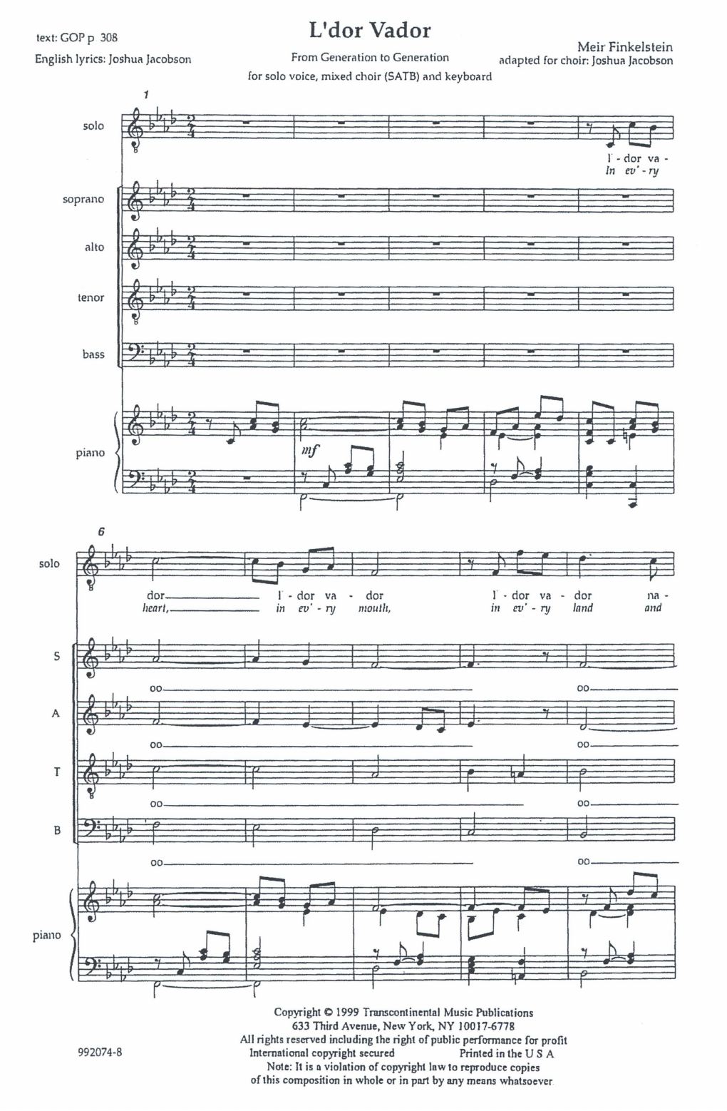 Joshua Jacobson L'dor Vador (from Generation To Generation) sheet music notes and chords arranged for SATB Choir