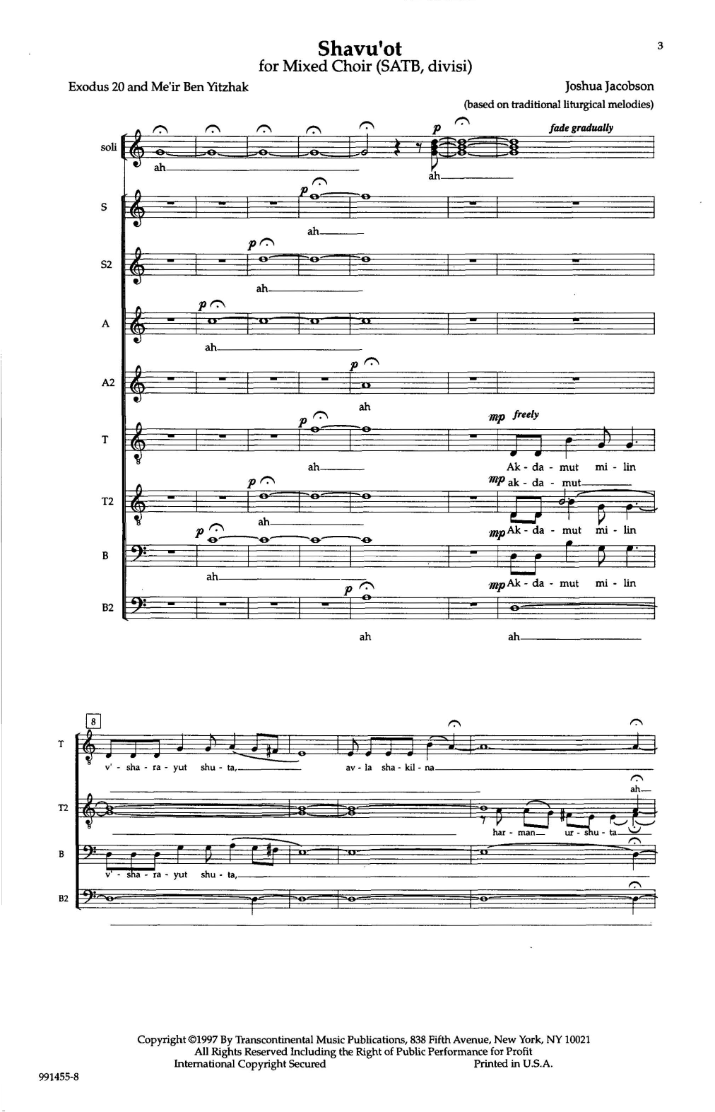 Joshua Jacobson Shavu'ot sheet music notes and chords arranged for SATB Choir