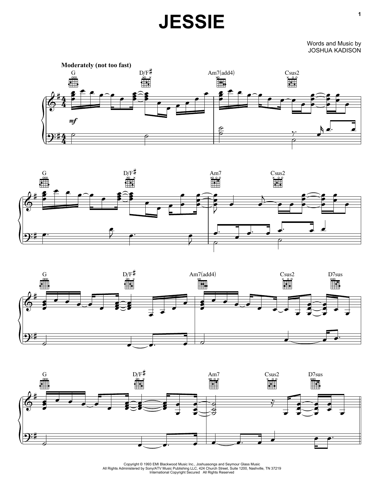 Joshua Kadison Jessie sheet music notes and chords arranged for Piano, Vocal & Guitar Chords (Right-Hand Melody)