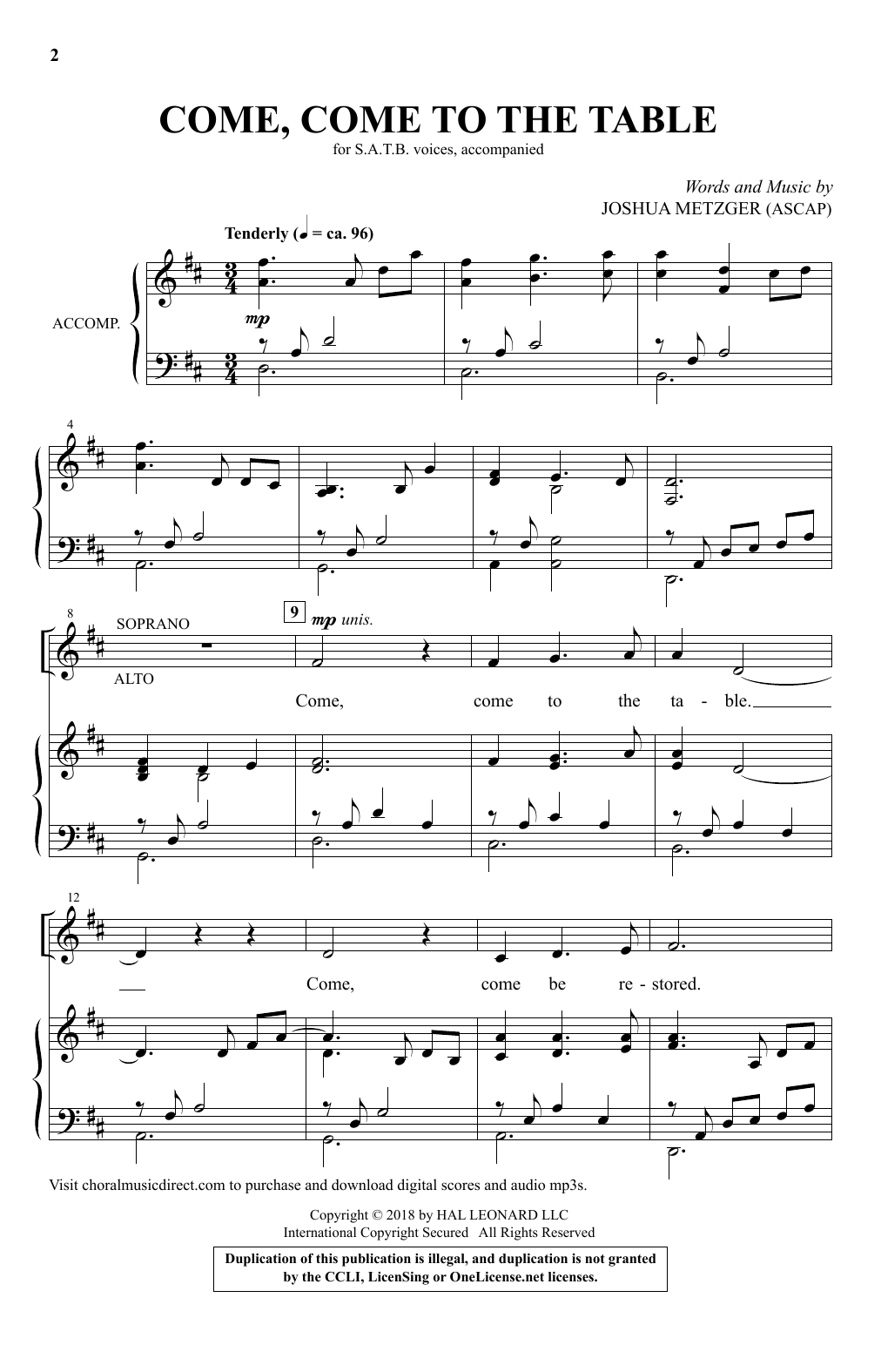 Joshua Metzger Come, Come To The Table sheet music notes and chords arranged for SATB Choir