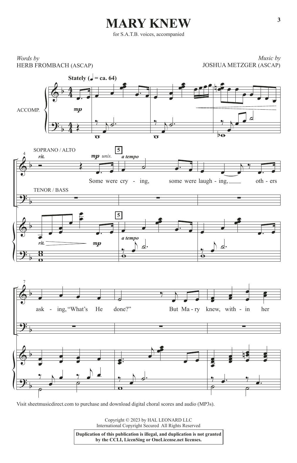 Joshua Metzger Mary Knew sheet music notes and chords arranged for SATB Choir