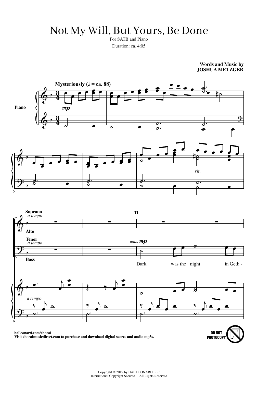Joshua Metzger Not My Will, But Yours, Be Done sheet music notes and chords arranged for SATB Choir
