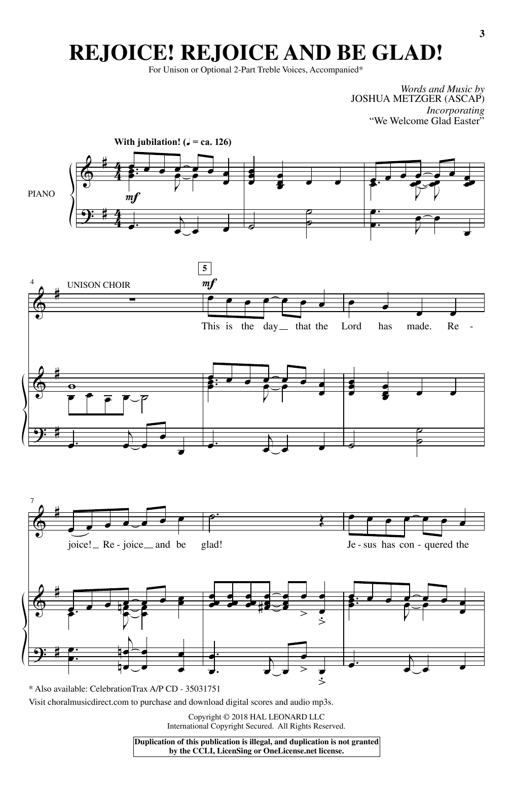 Joshua Metzger Rejoice! Rejoice And Be Glad! sheet music notes and chords arranged for Unison Choir