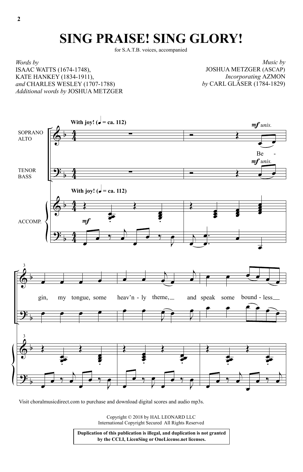 Joshua Metzger Sing Praise! Sing Glory! sheet music notes and chords arranged for SATB Choir