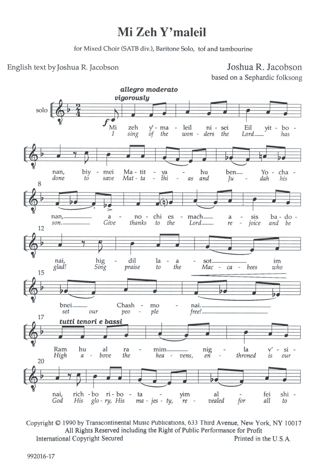 Joshua R. Jacobson Mi Zeh Y'maleil sheet music notes and chords arranged for SATB Choir