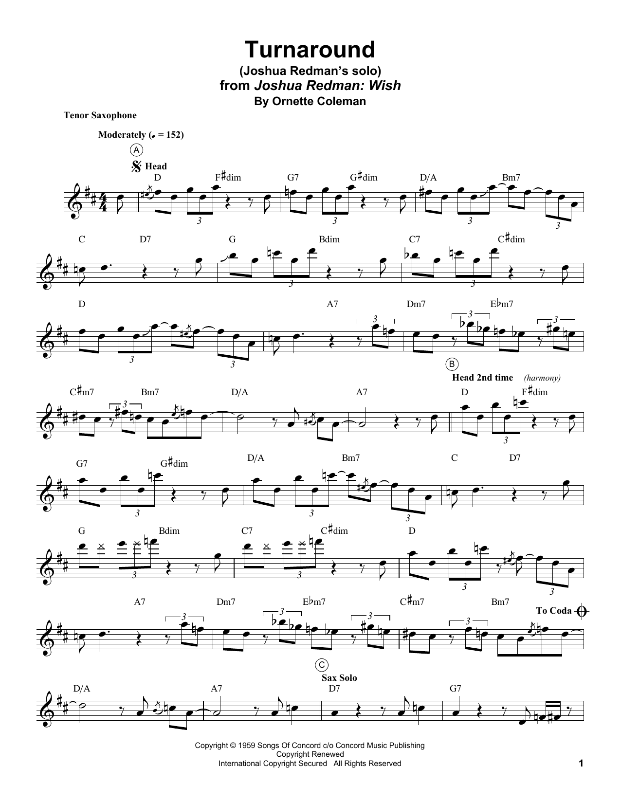 Joshua Redman Turnaround sheet music notes and chords arranged for Tenor Sax Transcription