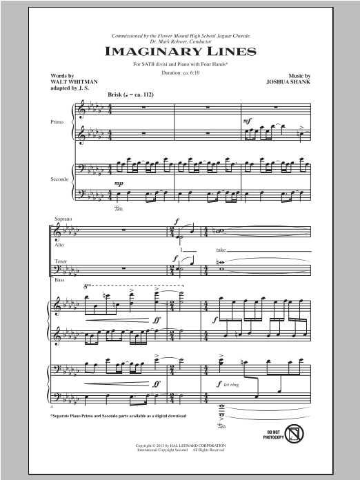 Joshua Shank Imaginary Lines sheet music notes and chords arranged for SATB Choir