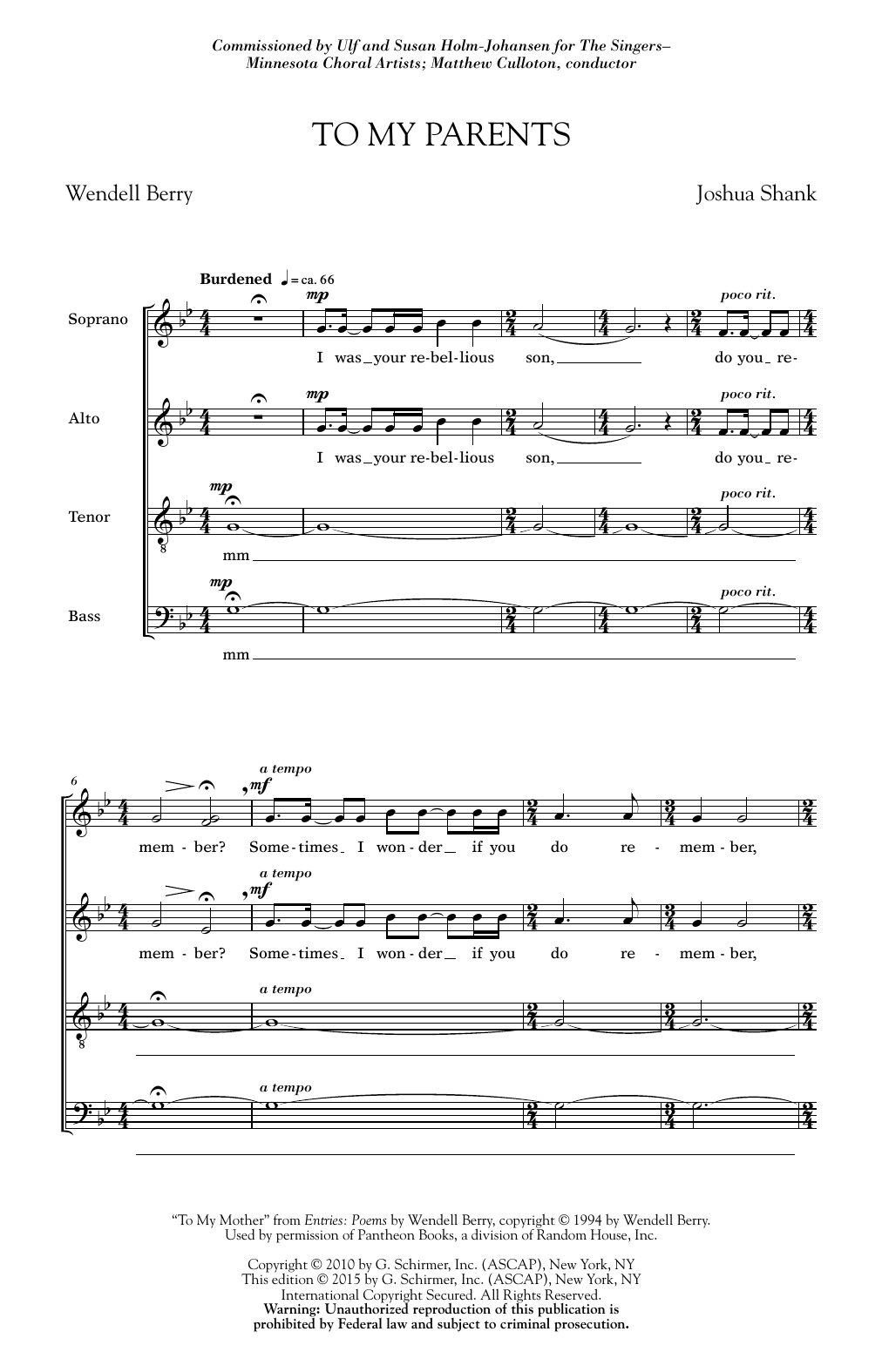 Joshua Shank To My Parents sheet music notes and chords arranged for SATB Choir
