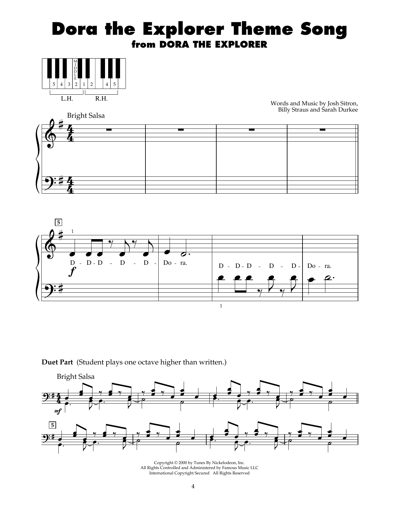 Joshua Sitron Dora The Explorer Theme Song sheet music notes and chords arranged for 5-Finger Piano