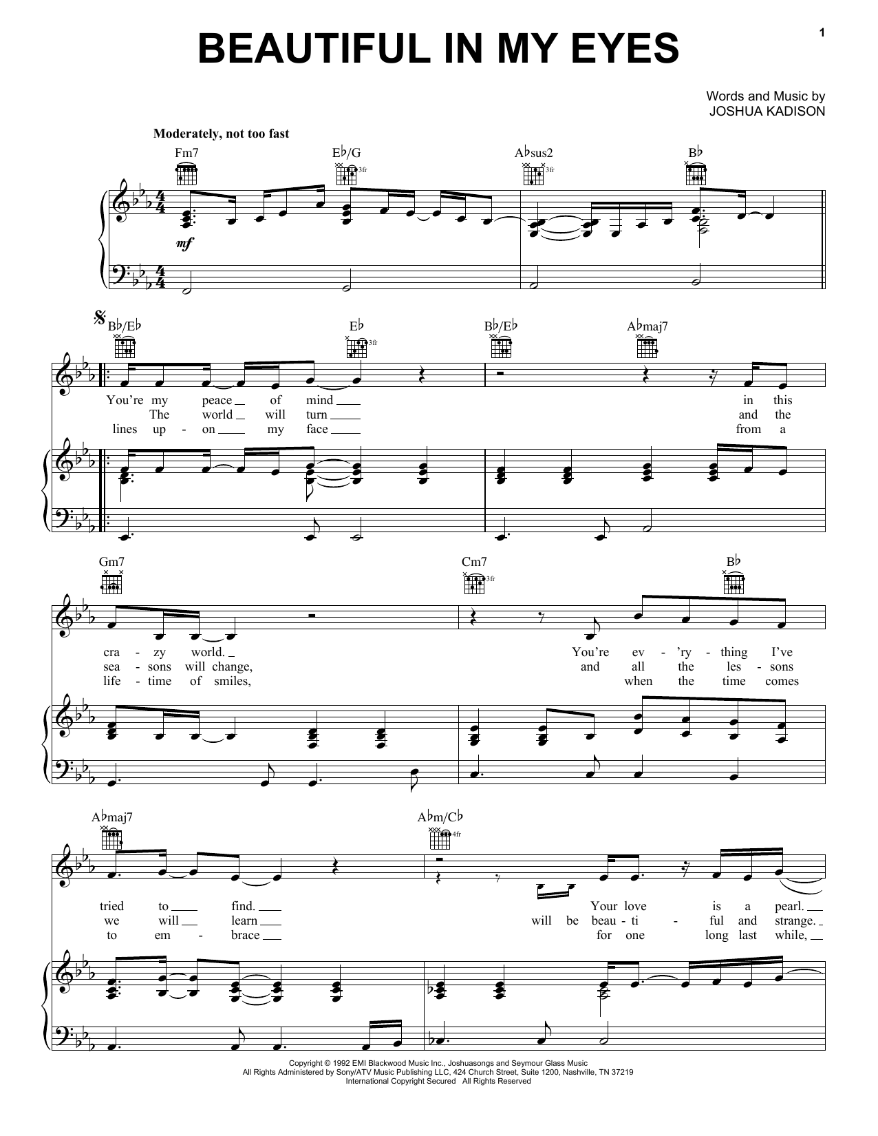 Joshua Kadison Beautiful In My Eyes sheet music notes and chords. Download Printable PDF.