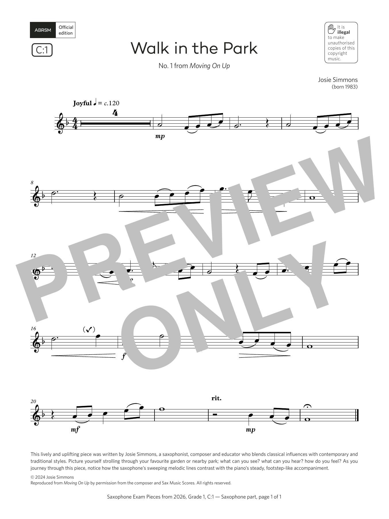 Josie Simmons Walk in the Park (Grade 1, list C1, from the ABRSM Saxophone Syllabus from 2026) sheet music notes and chords arranged for Alto Sax Solo