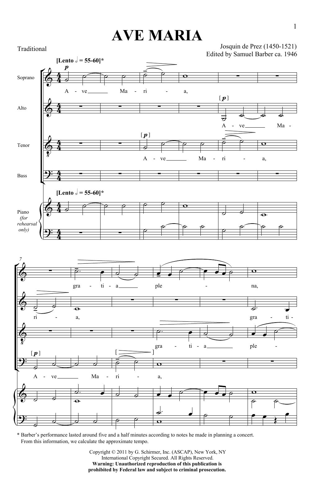 Josquin de Prez Ave Maria (ed. Samuel Barber) sheet music notes and chords arranged for SATB Choir