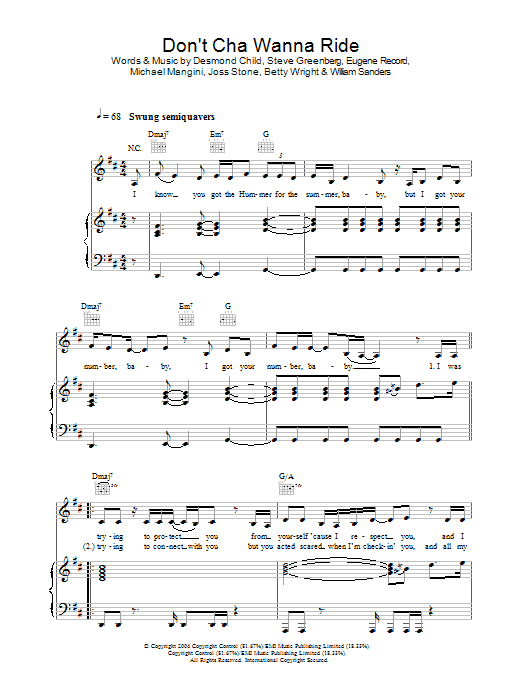 Joss Stone Don't Cha Wanna Ride sheet music notes and chords arranged for Piano, Vocal & Guitar Chords