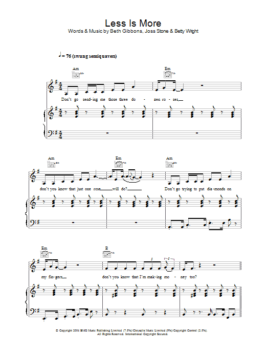 Joss Stone Less Is More sheet music notes and chords arranged for Piano, Vocal & Guitar Chords