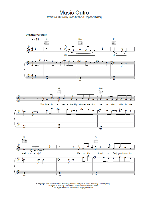 Joss Stone Music (Outro) sheet music notes and chords arranged for Piano, Vocal & Guitar Chords