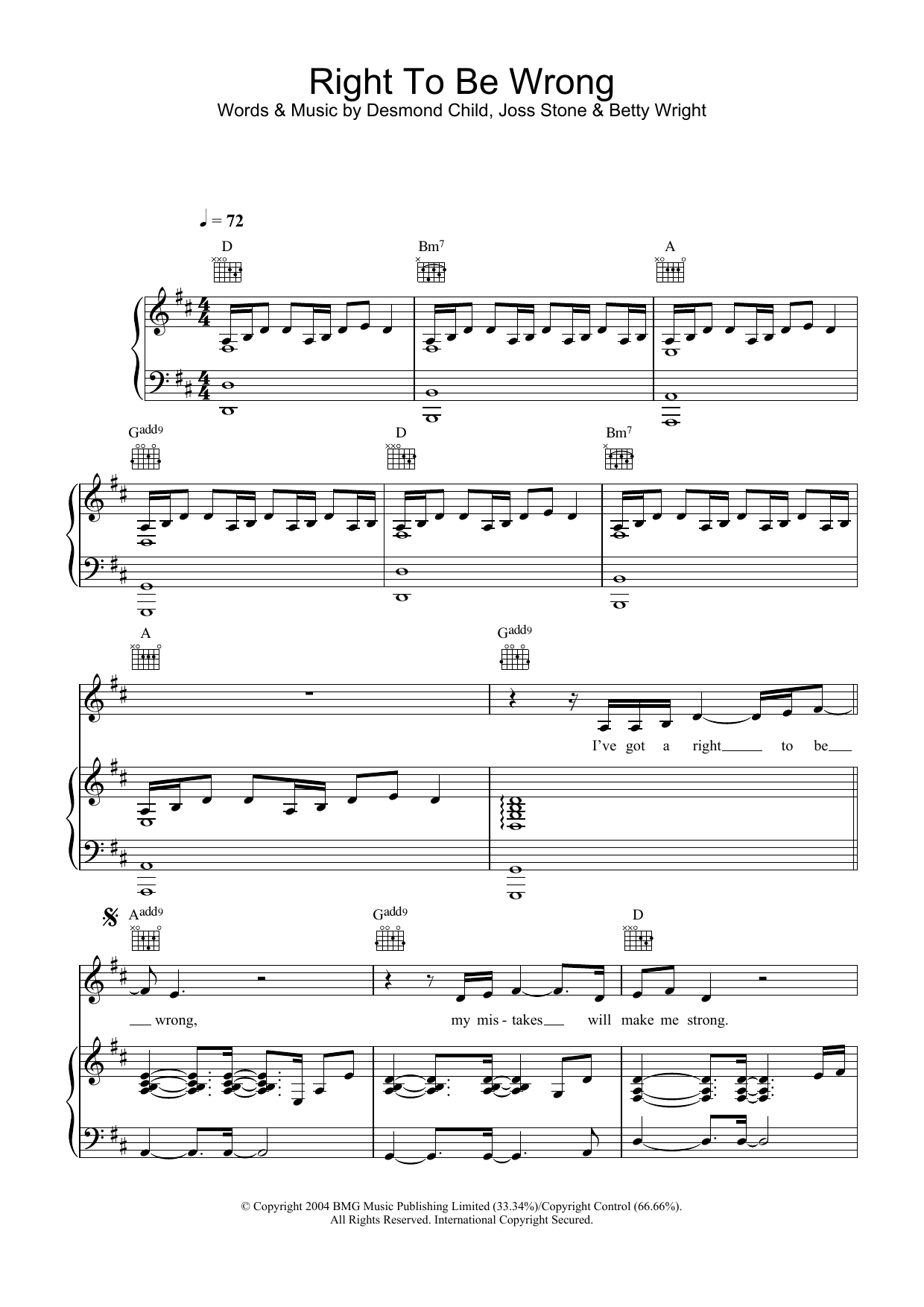 Joss Stone Right To Be Wrong sheet music notes and chords arranged for Piano, Vocal & Guitar Chords