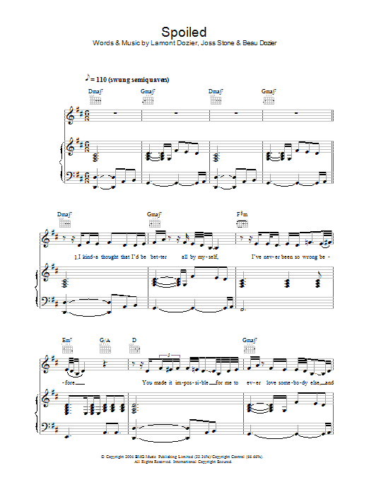 Joss Stone Spoiled sheet music notes and chords arranged for Piano, Vocal & Guitar Chords