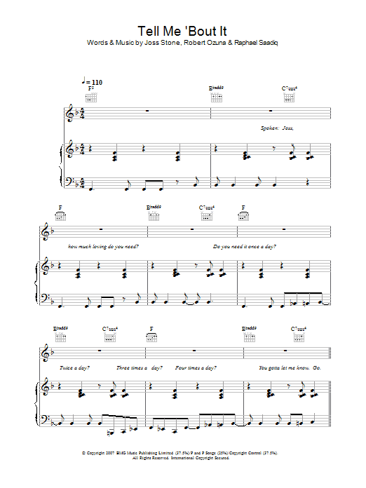 Joss Stone Tell Me 'Bout It sheet music notes and chords arranged for Piano, Vocal & Guitar Chords