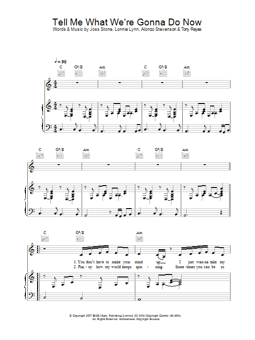 Joss Stone Tell Me What We're Gonna Do Now sheet music notes and chords arranged for Piano, Vocal & Guitar Chords