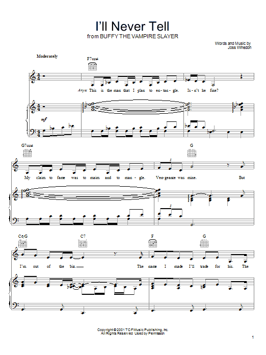 Joss Whedon I'll Never Tell sheet music notes and chords arranged for Piano, Vocal & Guitar Chords (Right-Hand Melody)